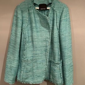 Carlisle light green blazer with frayed sleeves and bottom